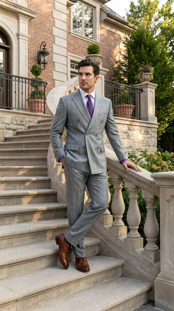 Men’s Grey Glen Plaid Double Breasted Suit, Executive Regular Fit Formal Business Wedding Suit Set