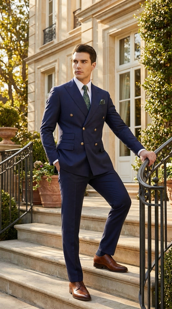 Men’s Navy Blue Double Breasted Suit, Slim Fitted Cut Formal Business Wedding Suit with Flat Front Pants