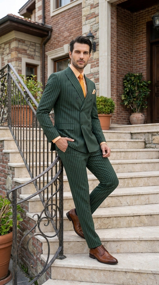 Rockefeller Collection Men’s Hunter Green Double Breasted Pinstripe Suit, Regular Fit 2 Piece Formal Business Suit Set