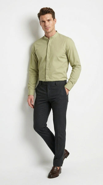 Men’s Tan Mandarin Collar Dress Shirt, Collarless Banded Collar Formal Preacher Shirt