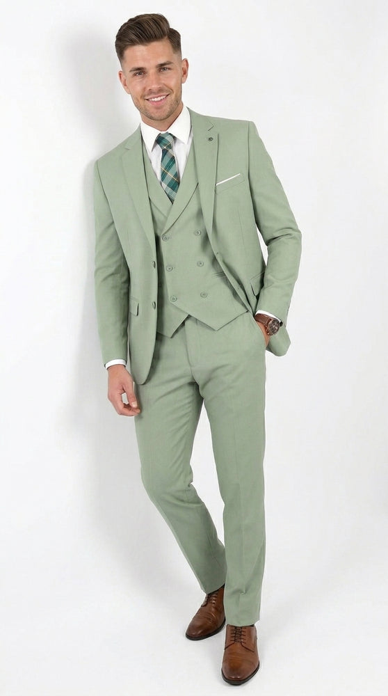 Men’s Sage Green 3 Piece Suit with Jacket, Vest and Pants, Light Green Summer Wedding Suit