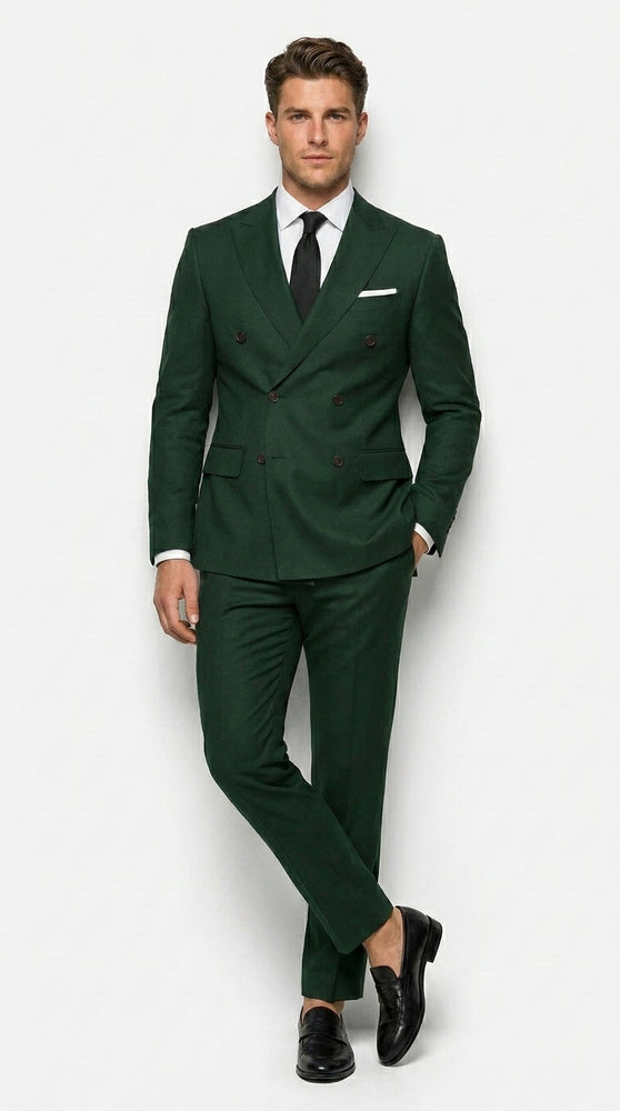 Men’s Olive Green Double Breasted Suit with Gold Buttons, Designer Wool Formal Wedding Business Suit Set