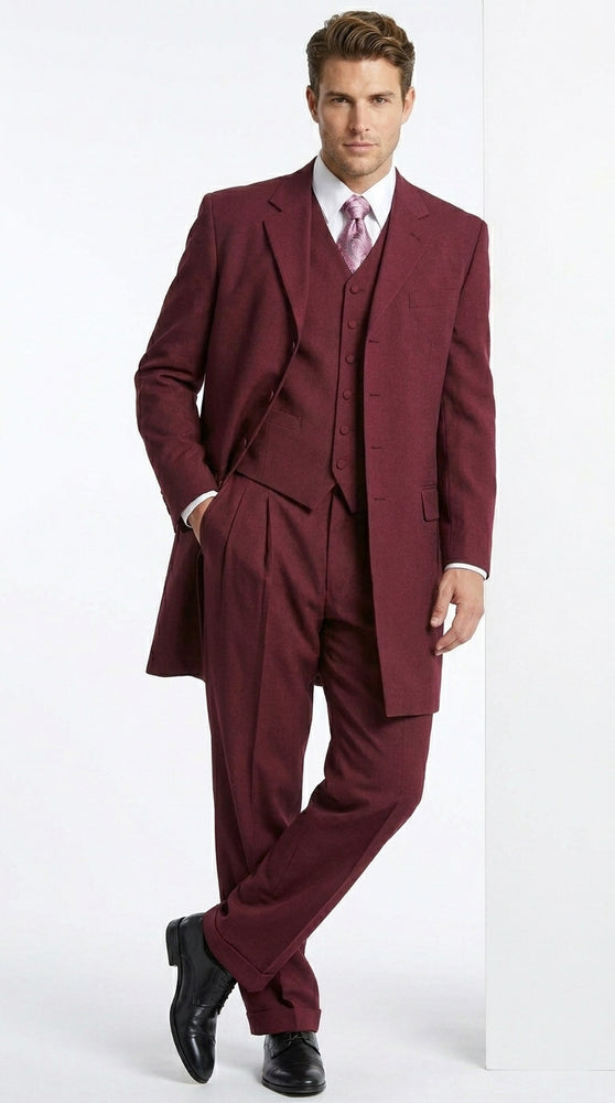 Men’s Burgundy Maroon Zoot Suit with 38 Inch Long Jacket, Wine Color 3 Piece Fashion Suit
