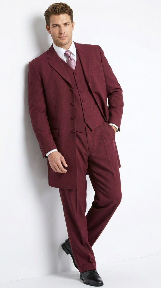 Men’s Burgundy Maroon Zoot Suit with 38 Inch Long Jacket, Wine Color 3 Piece Fashion Suit