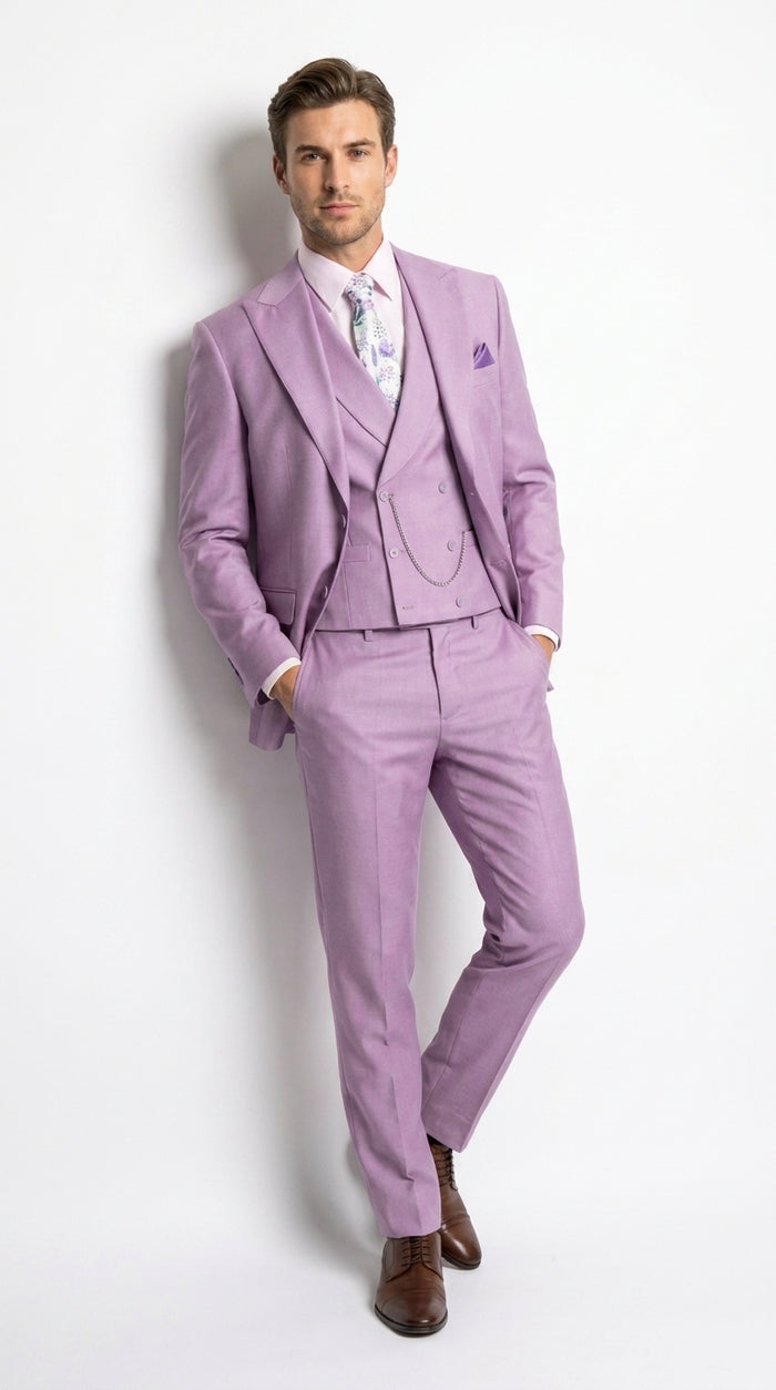 Men’s Lavender Modern Fit 3 Piece Suit, Lapel Vest Wedding Prom Formal Suit with Adjustable Pants