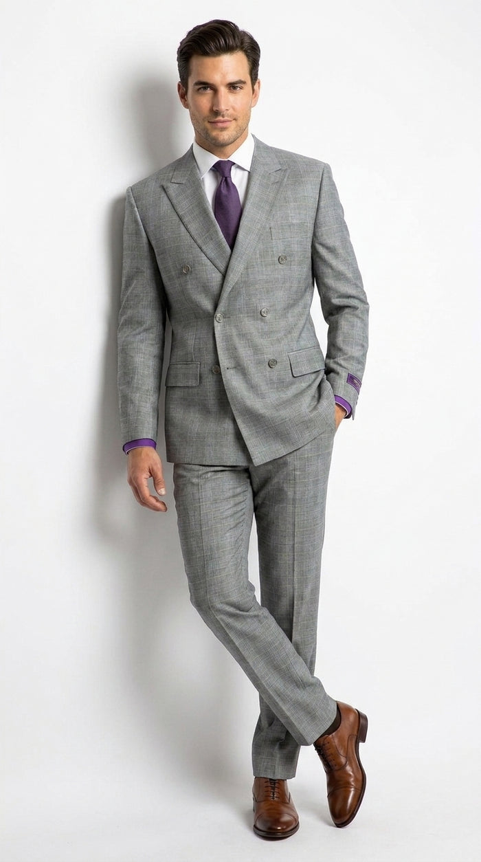 Men’s Grey Glen Plaid Double Breasted Suit, Executive Regular Fit Formal Business Wedding Suit Set