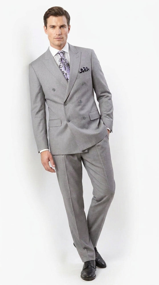 Apollo King Men’s Grey Double Breasted 2 Piece Suit, Pleated Pants Formal Wedding Business Suit Set