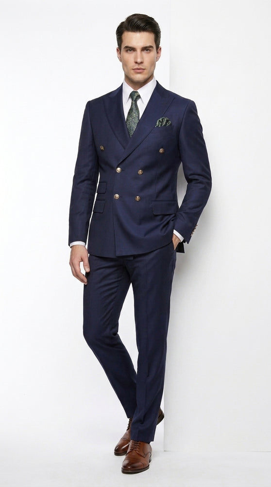 Men’s Navy Blue Double Breasted Suit, Slim Fitted Cut Formal Business Wedding Suit with Flat Front Pants