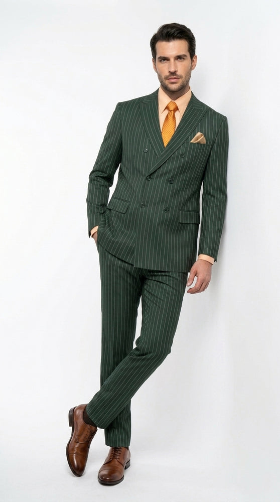 Rockefeller Collection Men’s Hunter Green Double Breasted Pinstripe Suit, Regular Fit 2 Piece Formal Business Suit Set