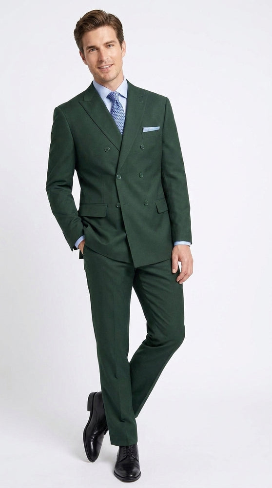 Ramses Collection Men’s Hunter Green Double Breasted 2 Piece Suit, Regular Fit Suit with Elastic Waist Pants