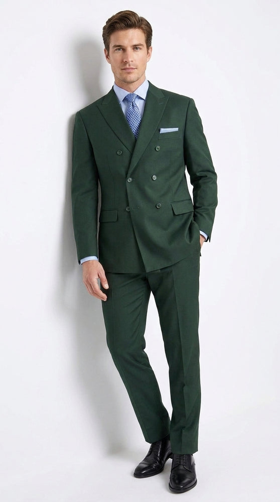 Ramses Collection Men’s Hunter Green Double Breasted 2 Piece Suit, Regular Fit Suit with Elastic Waist Pants