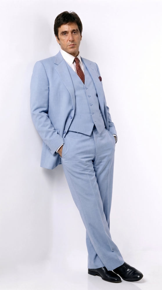 Men’s Steel Blue 3-Piece Suit – Tony Montana Scarface-Inspired Vested Wedding and Party Suit