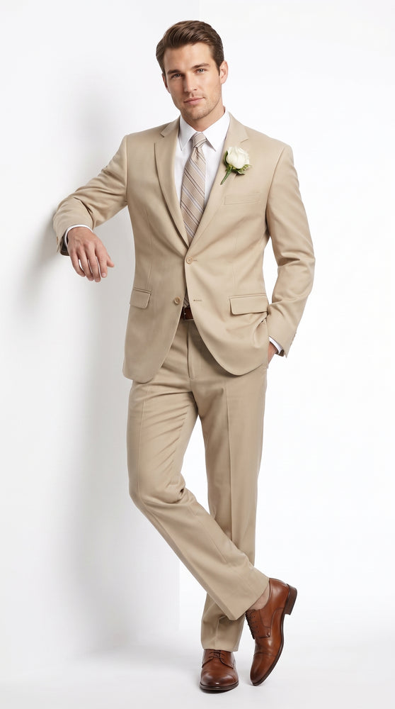 Men’s Tan Big and Tall Linen Suit – Lightweight Beach Wedding and Summer Formal Suit