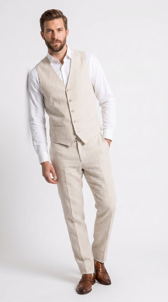Men’s Ivory Linen Vest and Pants Set – 2-Piece Wedding, Beach and Summer Formal Outfit