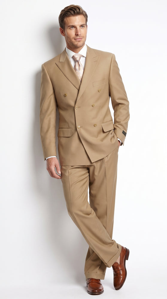 Men’s Khaki Bronze Camel Double-Breasted Suit – Classic Pleated Pants Wedding, Business and Formal Suit