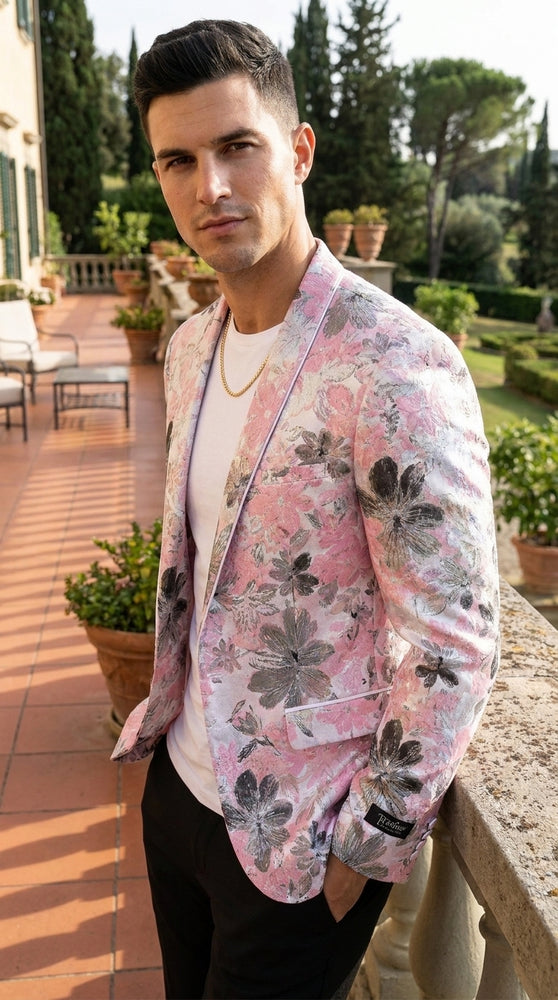 Men’s Pink Paisley Shawl Lapel Prom Tuxedo Jacket, Floral Formal Wedding Dinner Blazer