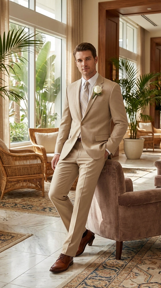 Men’s Tan Big and Tall Linen Suit – Lightweight Beach Wedding and Summer Formal Suit