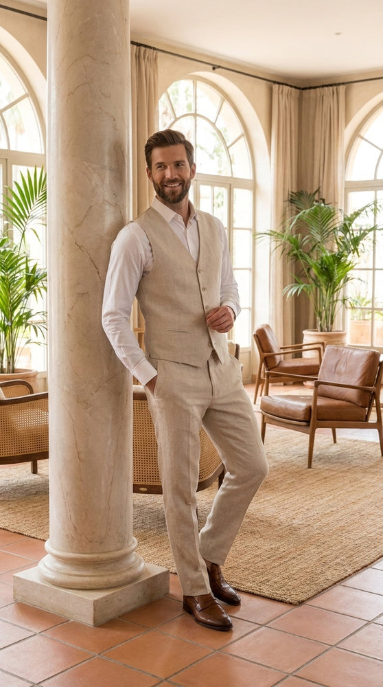 Men’s Ivory Linen Vest and Pants Set – 2-Piece Wedding, Beach and Summer Formal Outfit
