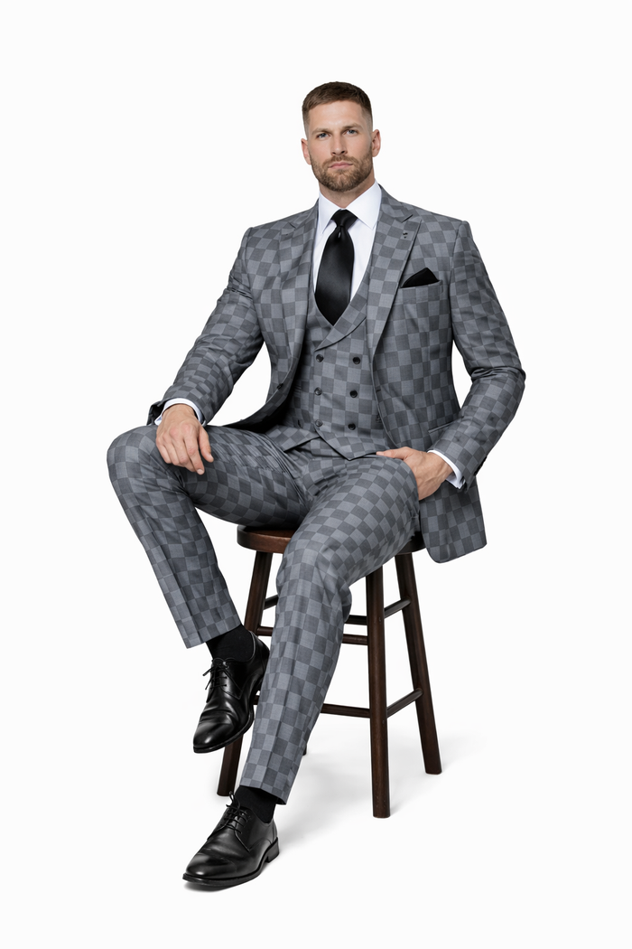 Grey Checkerboard Elite 3-Piece Tailored Suit by Rossiman