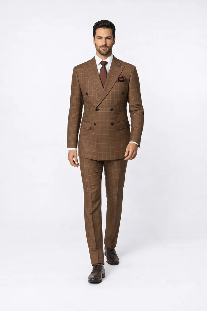 Suits With Baggy Pleated Pants - Wide Leg Pants 100% Wool - Classic Fit in Brown Plaid Color by Rossiman