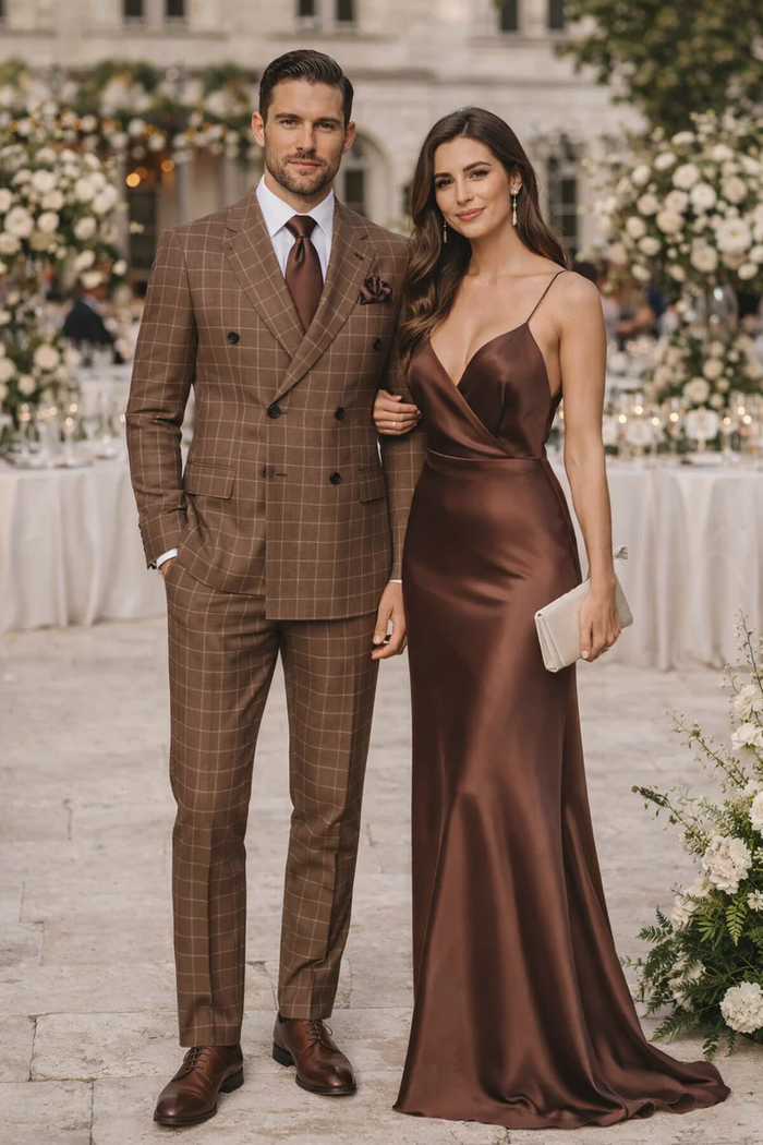 Suits With Baggy Pleated Pants - Wide Leg Pants 100% Wool - Classic Fit in Brown Plaid Color by Rossiman
