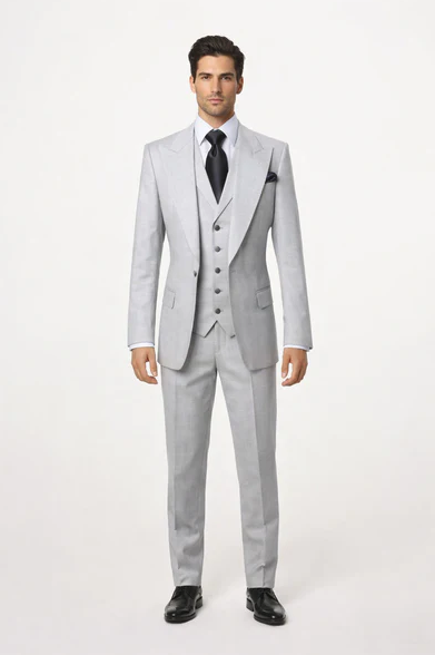 Suits With Baggy Pleated Pants - Wide Leg Pants 100% Wool - Classic Fit in Grey One Button 3 Piece Suit by Rossiman