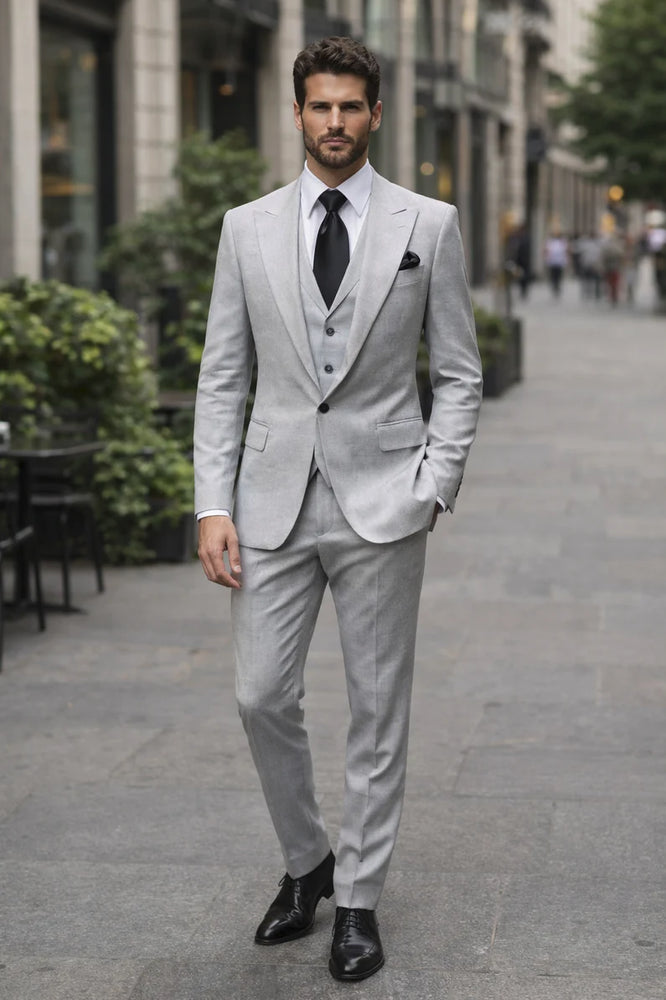 Suits With Baggy Pleated Pants - Wide Leg Pants 100% Wool - Classic Fit in Grey One Button 3 Piece Suit by Rossiman