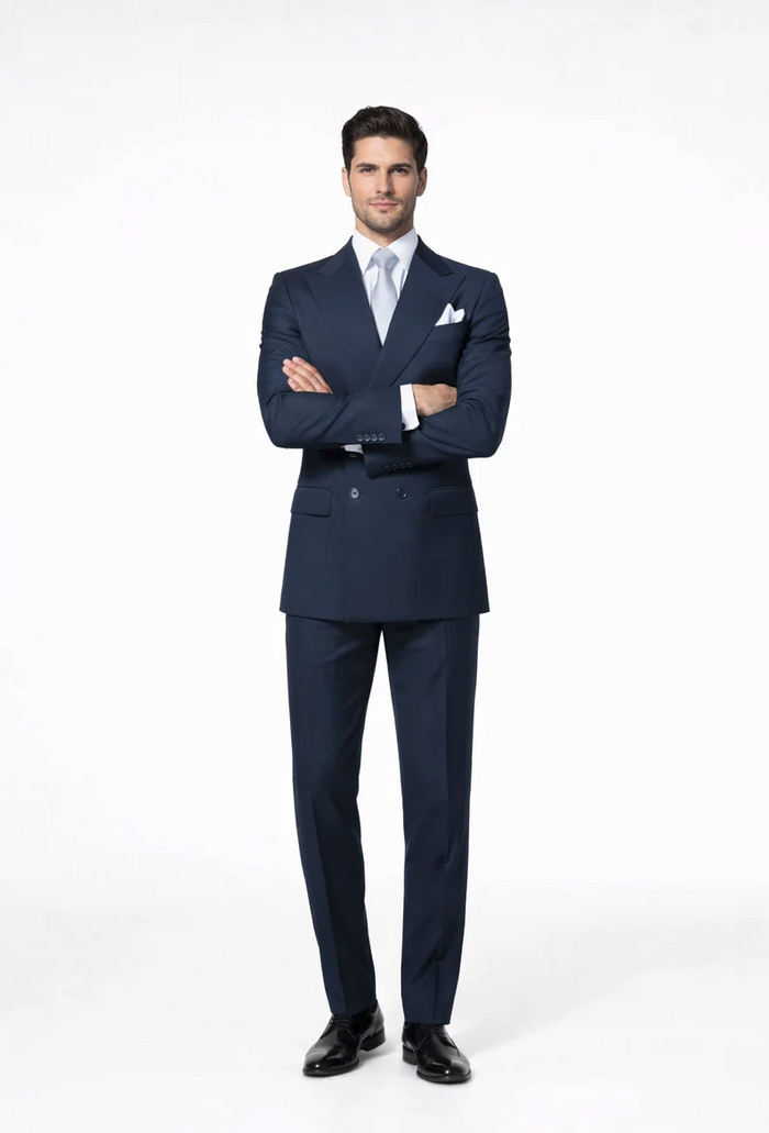 Suits With Baggy Pleated Pants - Wide Leg Pants 100% Wool - Classic Fit in Navy Single Breast Lapel by Rossiman