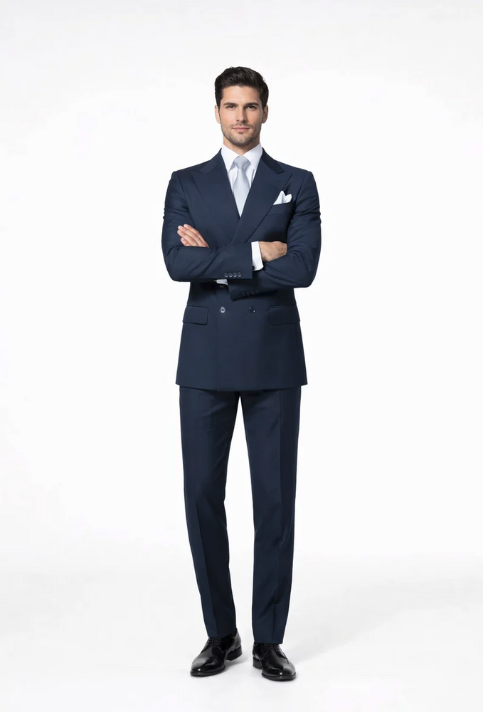 Suits With Baggy Pleated Pants - Wide Leg Pants 100% Wool - Classic Fit in Navy Single Breast Lapel by Rossiman