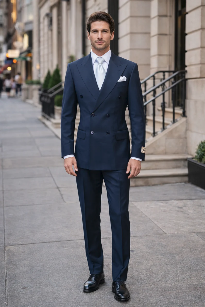Suits With Baggy Pleated Pants - Wide Leg Pants 100% Wool - Classic Fit in Navy Single Breast Lapel by Rossiman