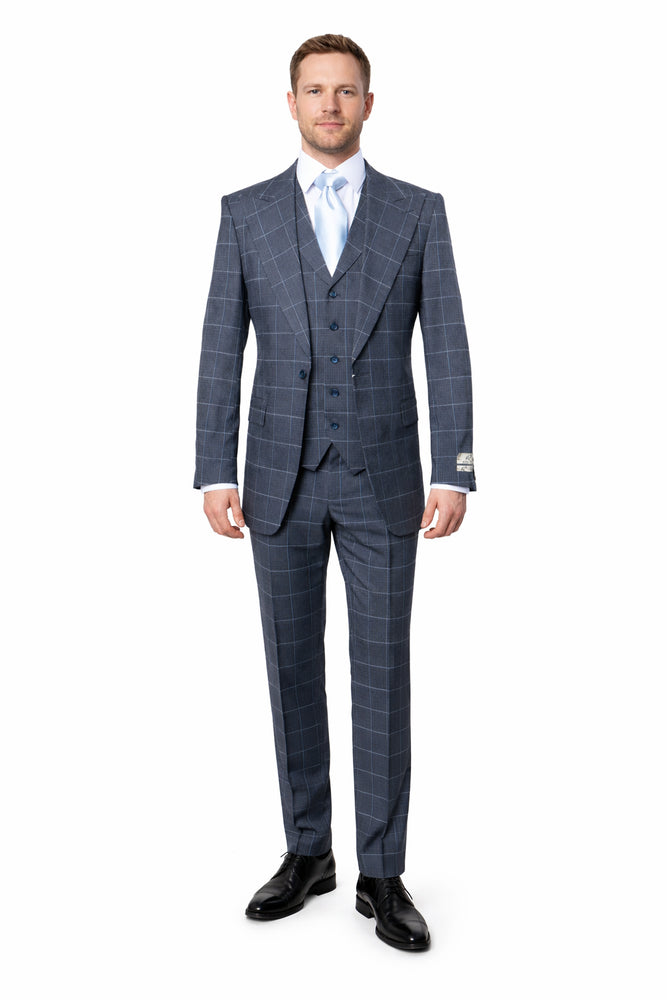 Suits With Baggy Pleated Pants - Wide Leg Pants 100% Wool - Classic Fit in Navy by Rossiman