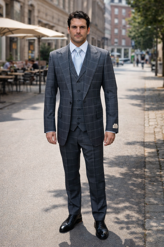 Suits With Baggy Pleated Pants - Wide Leg Pants 100% Wool - Classic Fit in Navy by Rossiman