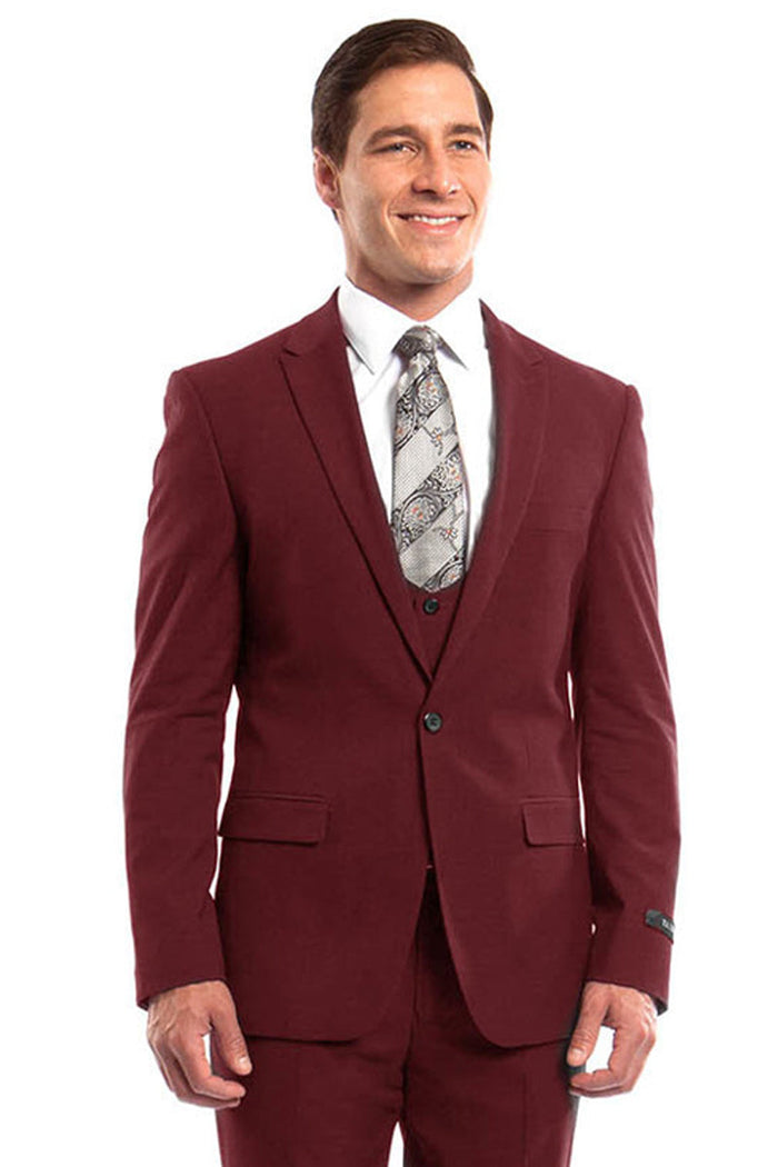 Men's Red Peak Lapel Slim Suit & Vested Set from Tazzio Suits