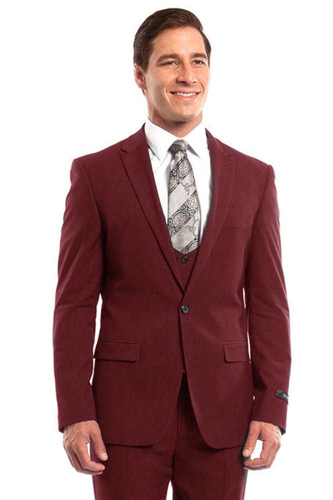 Men's Red Peak Lapel Slim Suit & Vested Set from Tazzio Suits