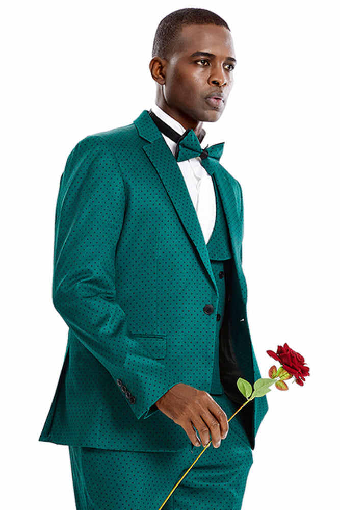 Men's Green & Black Polka Dot Vested Suit from Tazzio