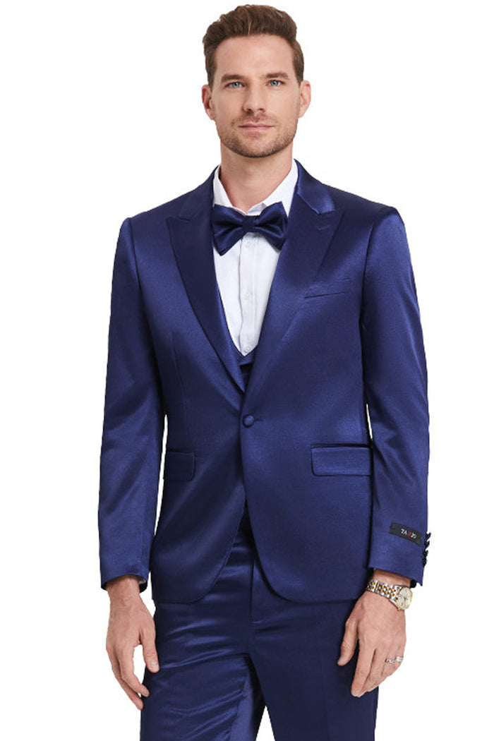 Men's Indigo Navy Blue Sharkskin Suit with One Button Vested Style