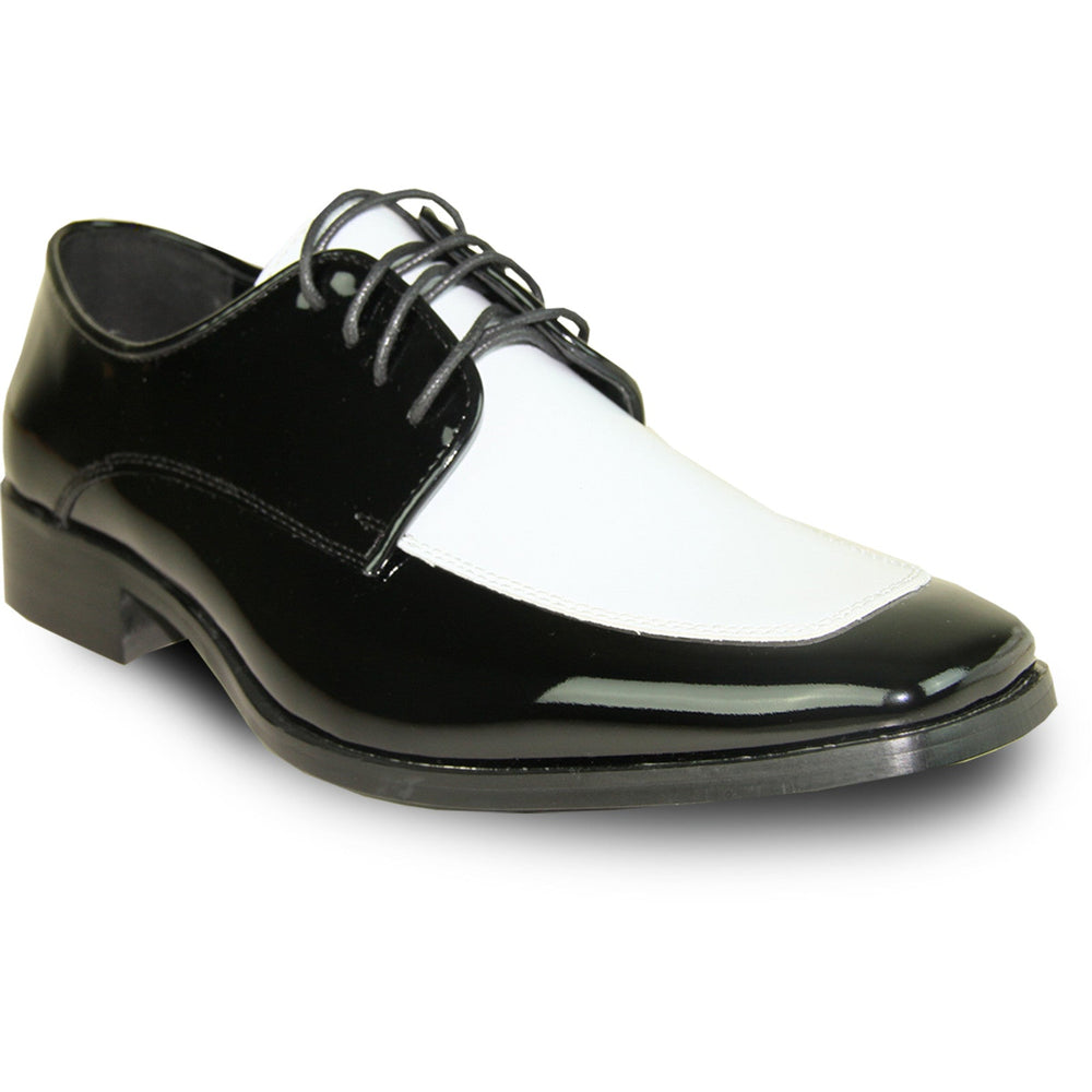 Bravo Mens Classic Moc Toe Shiny Patent Tuxedo Prom Shoe in Black & White