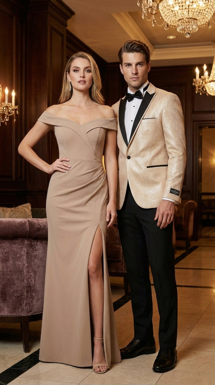 Men’s Tan Tuxedo Blazer with Black Lapel – Formal Dinner Jacket Suit + Pants for Wedding, Prom champaign beige color