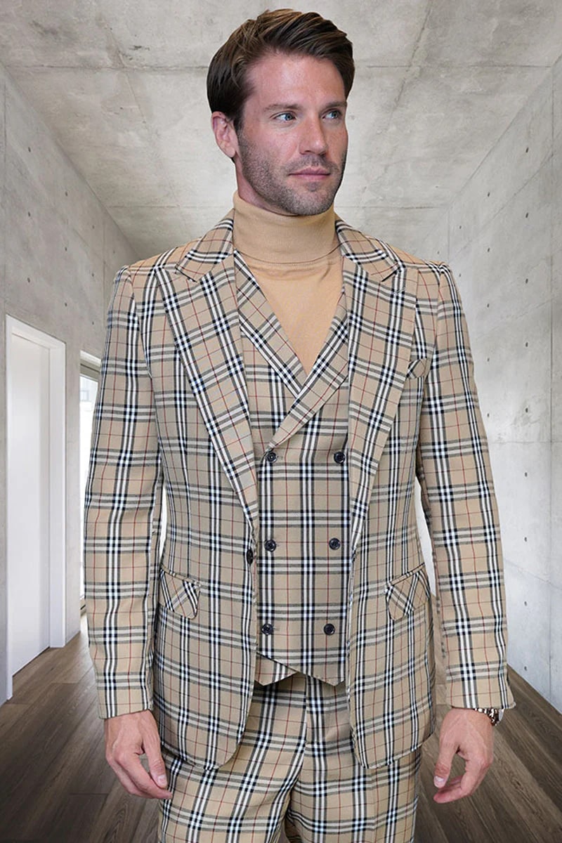 Brown Window Pane Plaid 2 button suit - 100% Percent Wool Fabric Suit - Worsted Wool Business Suit