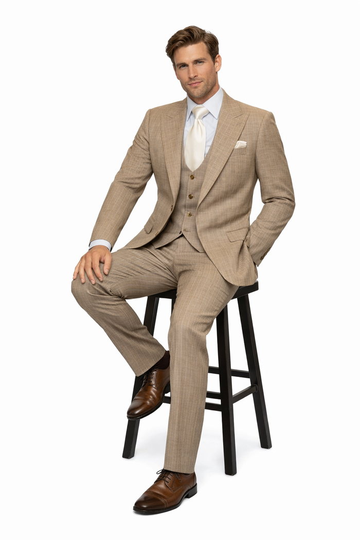 Sandstone Legacy Tan Pinstripe 3-Piece Artisan Suit by Rossiman