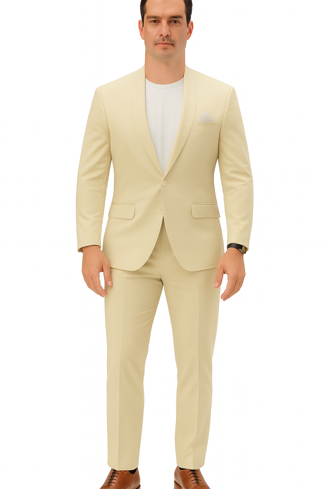 Mens Two Piece Linen Suit Relaxed Hybrid Fit No Collar
