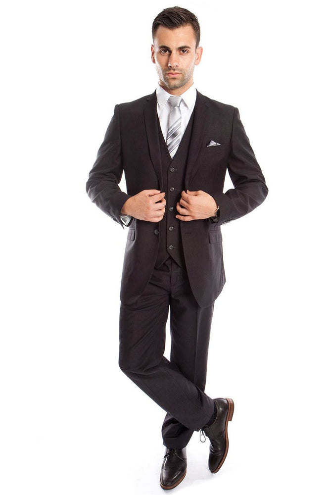 Men's Charcoal Grey Vested Slim Fit Suit by Tazzio Suits