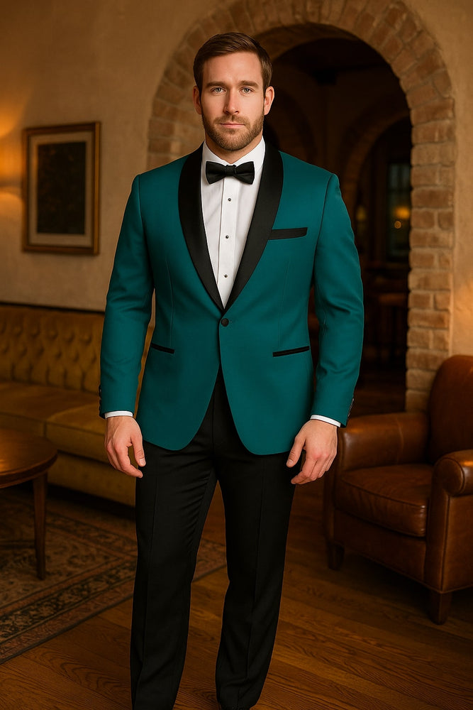 Teal Velvet Tuxedo for Men – One Button Black Satin Lapel Formal Suit with Bow Tie