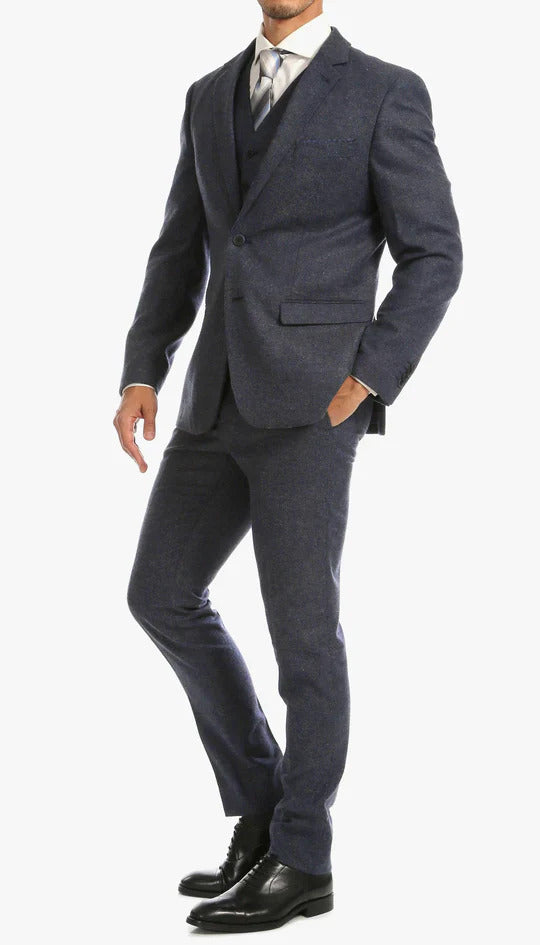 Marc Darcy Dion Teal Blue Tweed Slim Fit Wedding 3-Piece Suit Herringbone Fabric