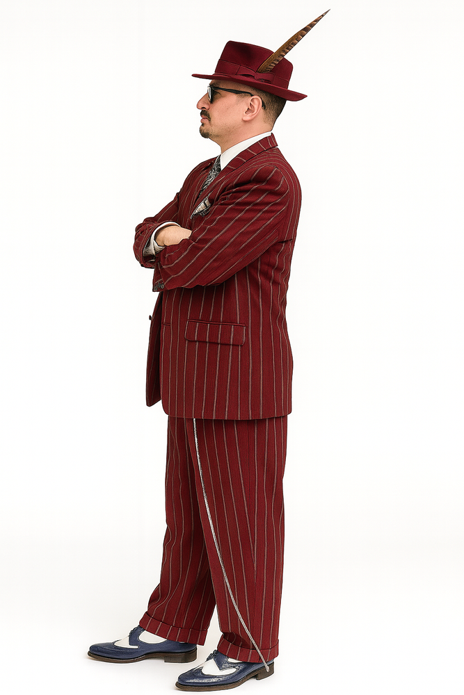 Burgundy Pinstripe Zoot Suit – 3 Piece 1920s/1930s Gangster Outfit (Jacket and Pants and Vest)  Vintage Fashion