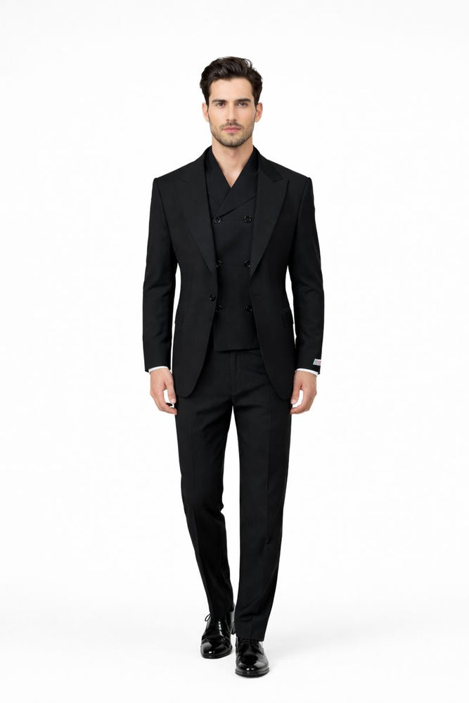 Tiglio Rosso Suit  - Classic Fit Athletic Cut 100% Wool Super 150s Italian Fabric Peak Lapel in Color Black