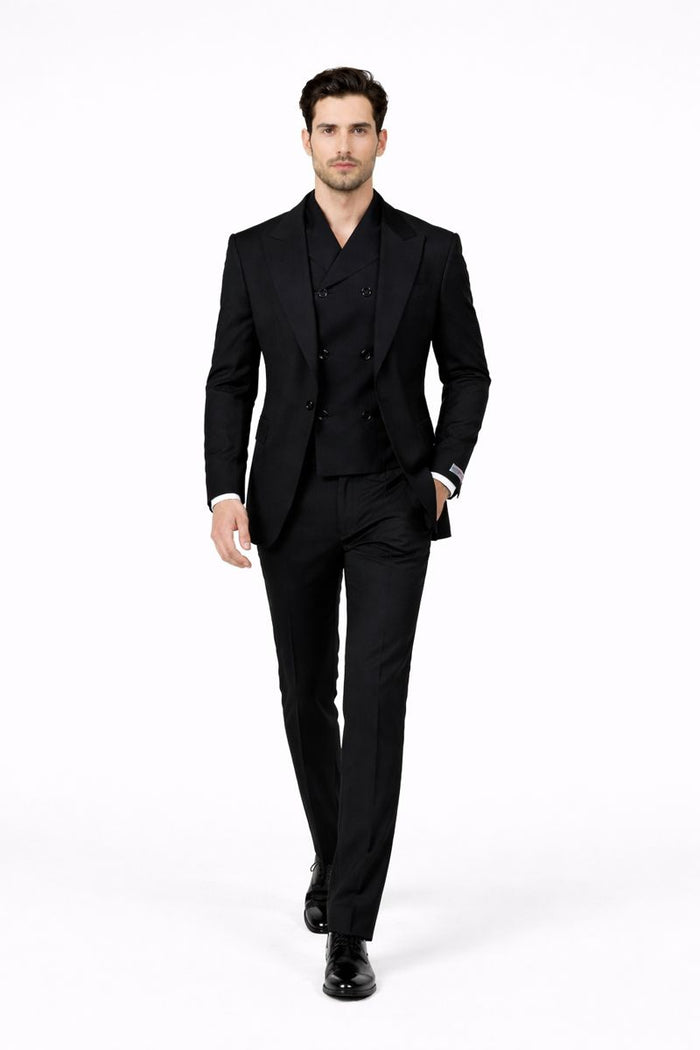 Tiglio Rosso Suit  - Classic Fit Athletic Cut 100% Wool Super 150s Italian Fabric Peak Lapel in Color Black