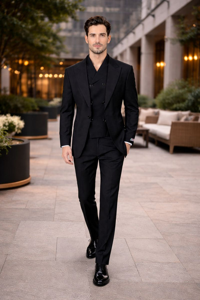 Tiglio Rosso Suit  - Classic Fit Athletic Cut 100% Wool Super 150s Italian Fabric Peak Lapel in Color Black