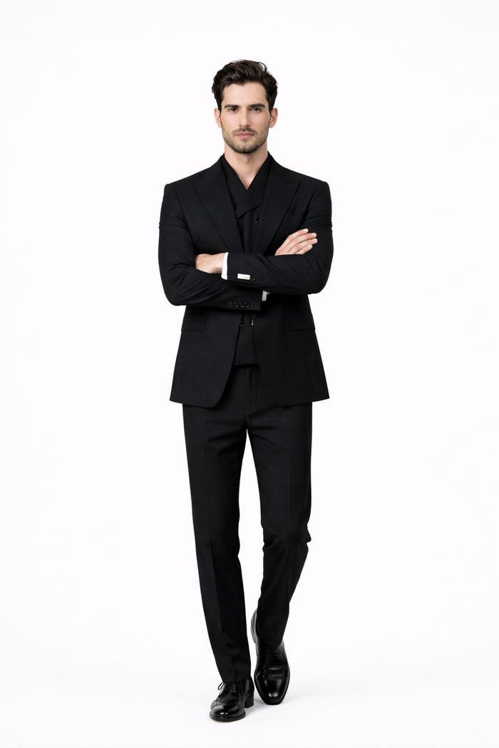 Tiglio Rosso Suit  - Classic Fit Athletic Cut 100% Wool Super 150s Italian Fabric Peak Lapel in Color Black