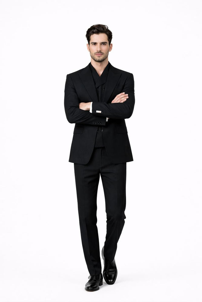 Tiglio Rosso Suit  - Classic Fit Athletic Cut 100% Wool Super 150s Italian Fabric Peak Lapel in Color Black